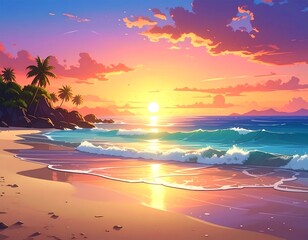 Tropical beach scene at sunset, with waves crashing on the shore