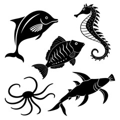 Black silhouette set of marine animals and fish marine life 1