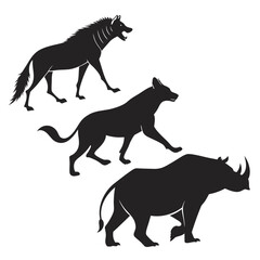 Black silhouettes of hyena and rhinoceros on white