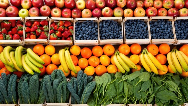 Abundant display of fresh fruits and vegetables at a market stall