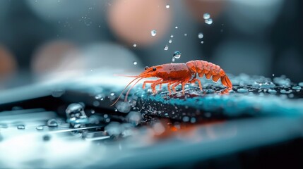 A macro shot of a vibrant red shrimp on a wet, dark surface with water droplets. The image has a moody, artistic feel.