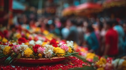 Kumari Puja, close-up of flower garland and vermilion plate, blurred festive crowd background. High quality