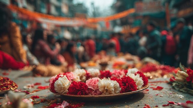 Kumari Puja, close-up of flower garland and vermilion plate, blurred festive crowd background. High quality