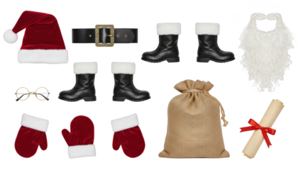 Collection of santa claus costume accessories including hat, boots, belt, beard, glasses, mittens, sack, and scroll isolated on transparent background