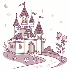 Cartoon fantasy fairy tale castle with moon and stars