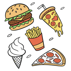 Cartoon fast food items and ice cream on white burger