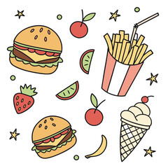 Cartoon food and fruit doodles with stars illustration