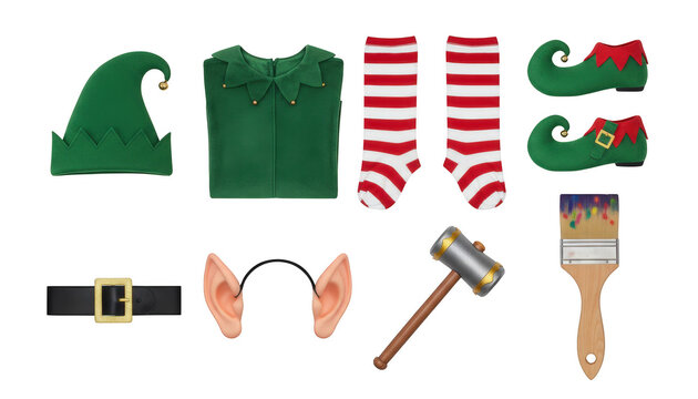 Collection of christmas elf costume accessory set including hat shirt socks shoes belt ear and tool isolated on transparent background