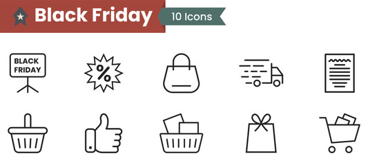 Black Friday line icon set. Black Friday sign board, Shopping bag, Delivery Truck, Basket, Like, Gift, and Bag minimal outline vector designs.