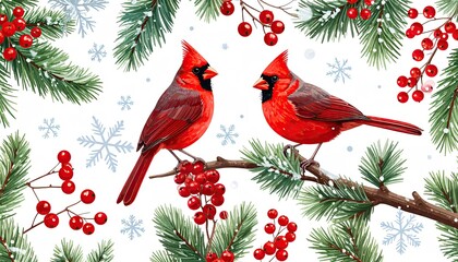 Two Red Cardinals Perched on a Snowy Pine Branch with Berries and Snowflakes.