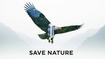 Double exposure of eagle with forest and waterfall promoting nature conservation