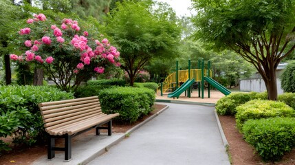 Obraz premium Park playground with bench and blooming rhododendron bush