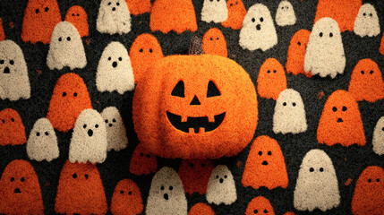 Evil jack lantern face with skittish ghost icons on Halloween background