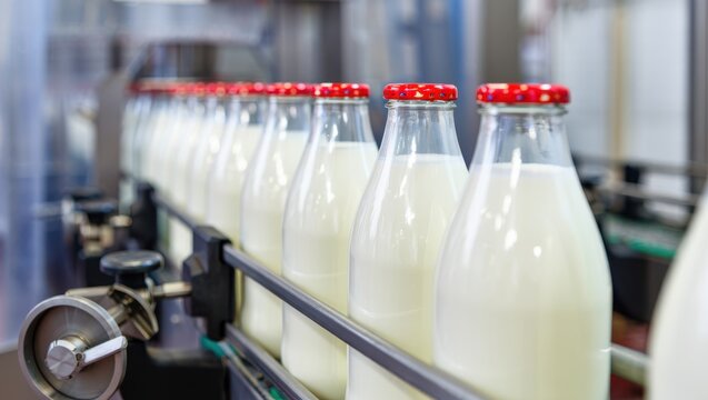 Glass bottles of fresh milk moving along a conveyor belt in a dairy factory - Powered by Adobe
