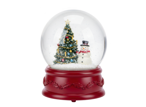 Christmas snow globe with decorated tree and snowman inside, isolated on transparent background