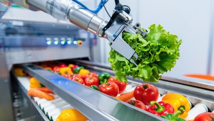 Robotic arm sorting fresh vegetables on a conveyor belt in a food processing plant