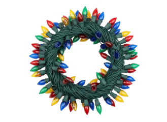 A coiled string of colorful incandescent christmas holiday light bulbs with green wire isolated on transparent background
