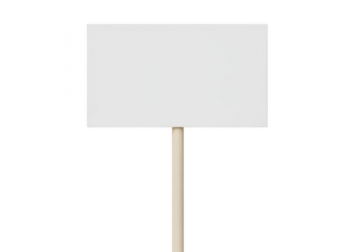 Blank white rectangular protest sign or placard with wooden stick handle, isolated on transparent background for copy space