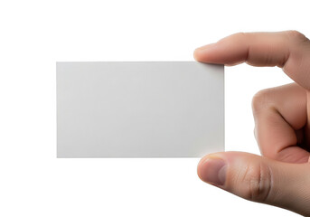 Obraz premium Closeup of a human hand holding a small blank white rectangular card, isolated on transparent background