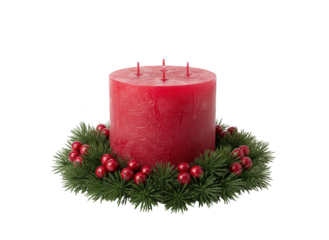 Large red pillar candle with three wicks sitting in a small green pine wreath decorated with bright red holly berry cluster isolated on transparent background