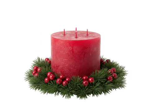 Large red pillar candle with three wicks sitting in a small green pine wreath decorated with bright red holly berry cluster isolated on transparent background