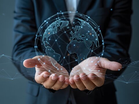 Global digital network concept with person holding earth model