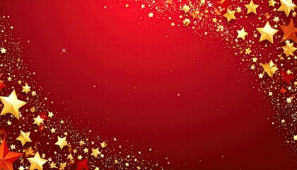 Festive red background with scattered golden stars and sparkling confetti for celebrations.