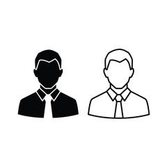 Male user avatar icon set, two business professional profile symbols, solid fill and outline versions on white background.