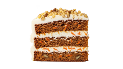 Slice of delicious carrot cake with cream cheese frosting isolated on transparent background
