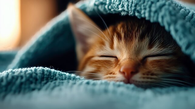A close-up shot of a ginger kitten sleeping peacefully, nestled under a soft, blue blanket. The kitten is relaxed and comfortable, creating a warm and cozy atmo