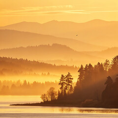 Misty Mountain Landscape at Sunrise with Lake and Forest sunset nature
