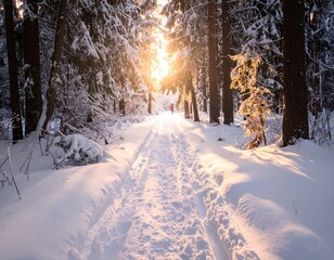 Snowy forest scene with sunlit path and distant figure