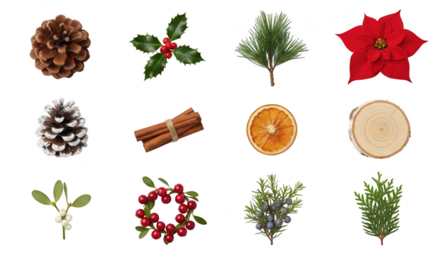 Collection of twelve assorted christmas and winter holiday decoration elements like pinecone, holly, cinnamon, and dried orange slice isolated on transparent background