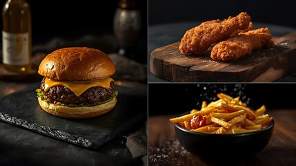 Ultimate Comfort Feast: Pizza, Chicken, Fries, and Burger

