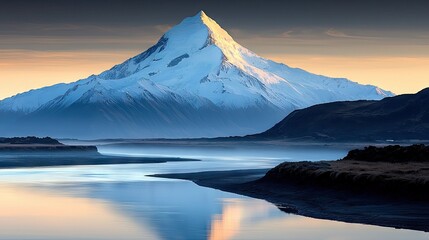 A majestic snow-capped mountain reflects in a tranquil river at sunset, creating a serene and picturesque landscape.