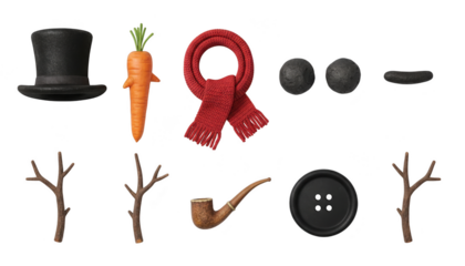 Collection of snowman building accessories including a black top hat, carrot nose, red scarf, coal eyes, pipe, and branch arms isolated on transparent background