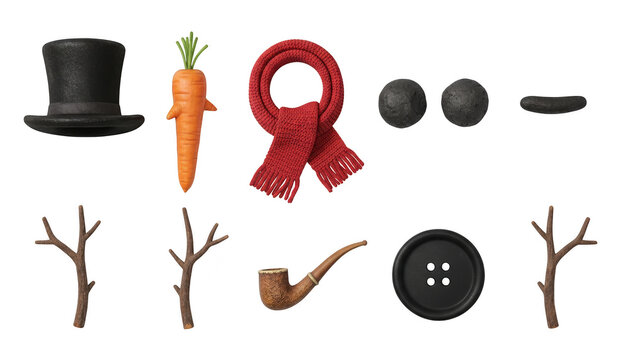 Collection of snowman building accessories including a black top hat, carrot nose, red scarf, coal eyes, pipe, and branch arms isolated on transparent background
