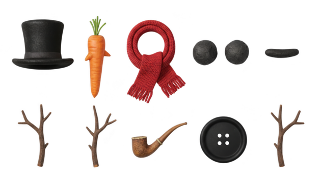 Collection of snowman building accessories including a black top hat, carrot nose, red scarf, coal eyes, pipe, and branch arms isolated on transparent background - Powered by Adobe