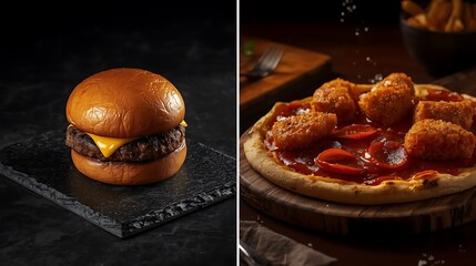 Dark Food Commercial: Gourmet Burger, Fried Chicken, and Fries Combo

