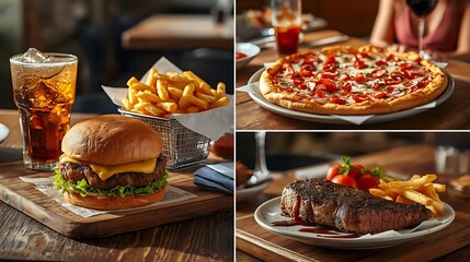 American Dinner Table: Steak, Burger, Pizza, and Fries Feast

Casual Restaurant Scene with Assorted Comfort Foods