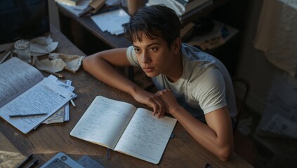 Introspective Young Man Contemplating Open Notebook Amidst Scattered Papers, Moody Lighting.