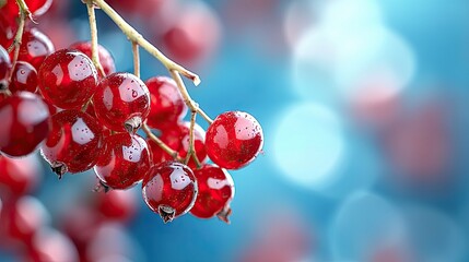 Close-up of vibrant red currants on a branch, set against a soft blue bokeh background, creating a visually appealing and fresh image.