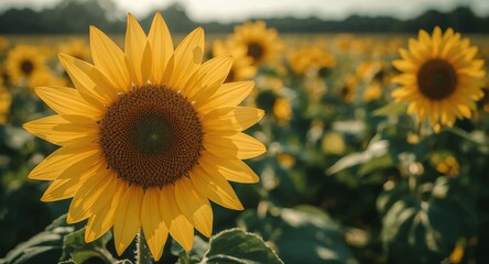 Radiant Sunflower in Sharp Focus, Bathed in Golden Light, Against a Blurry Field of Summer Blooms.