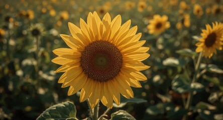 Vibrant Sunflower Bloom in Golden Light, Field of Sunflowers, Summer Day.
