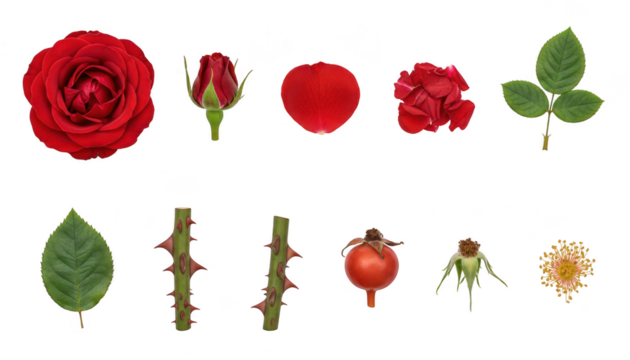 Collection of rose plant parts including flower, bud, petal, leaves, stem with thorn, and hip isolated on transparent background