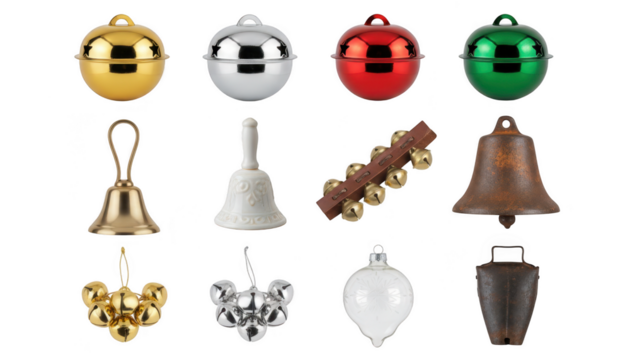 Collection of various holiday jingle bells, sleigh bells, and decorative ornaments in different colors and styles isolated on transparent background