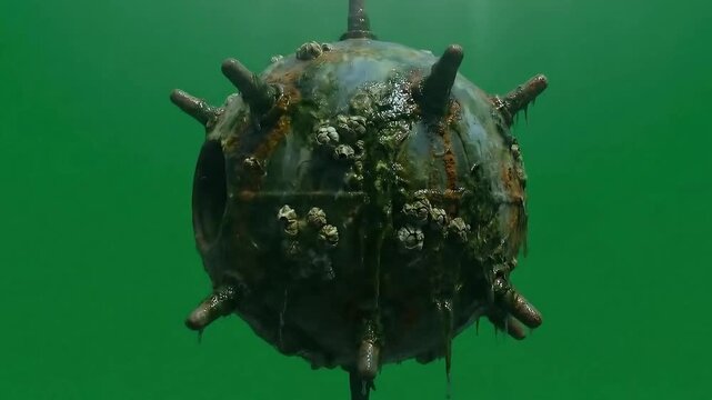 The sea mine is a round, rusty, ancient shape with spikes on green screen