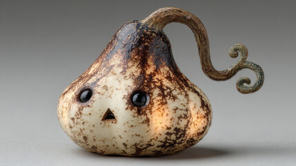 Faintly glowing gourd with ink-streak eyes and melted slot mouth on white