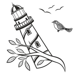 Black and white lighthouse with bird and leaves branch