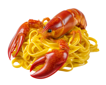 Lobster Pasta Extravaganza A visually stunning composition features a succulent, red lobster artfully arranged atop a bed of golden pasta.
